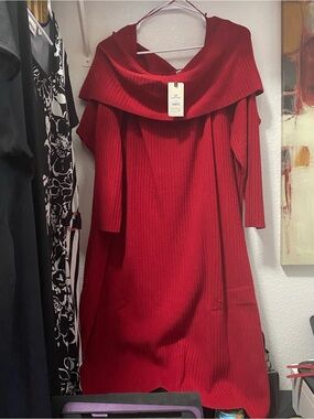 Terra & Sky Red Off-Shoulder Ribbed knit Dress